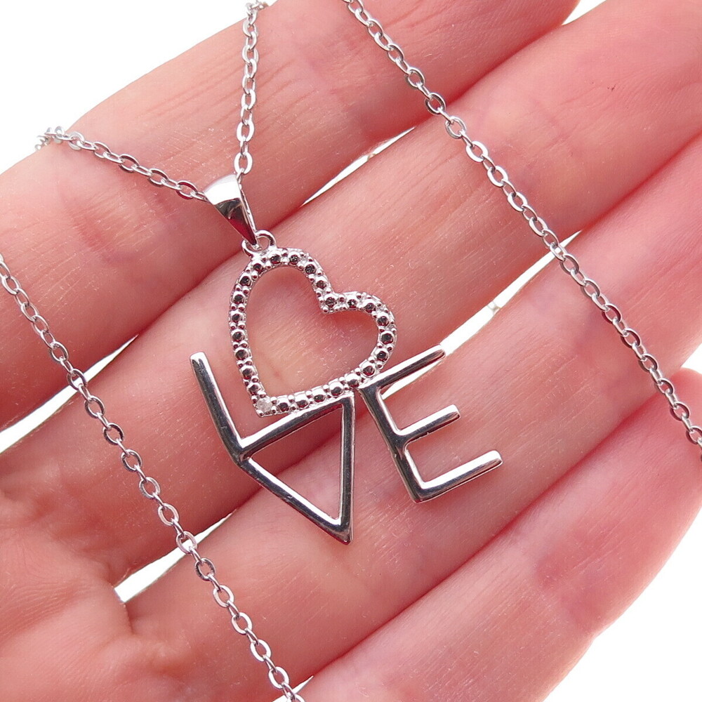 Han 925 Sterling Silver Real Diamond Accent Love Cable Chain Necklace 18"